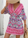 Printed Tie-Back Half-Sleeve Mini Dress Pattern V-Neck Boho - Southern Shores Clothing