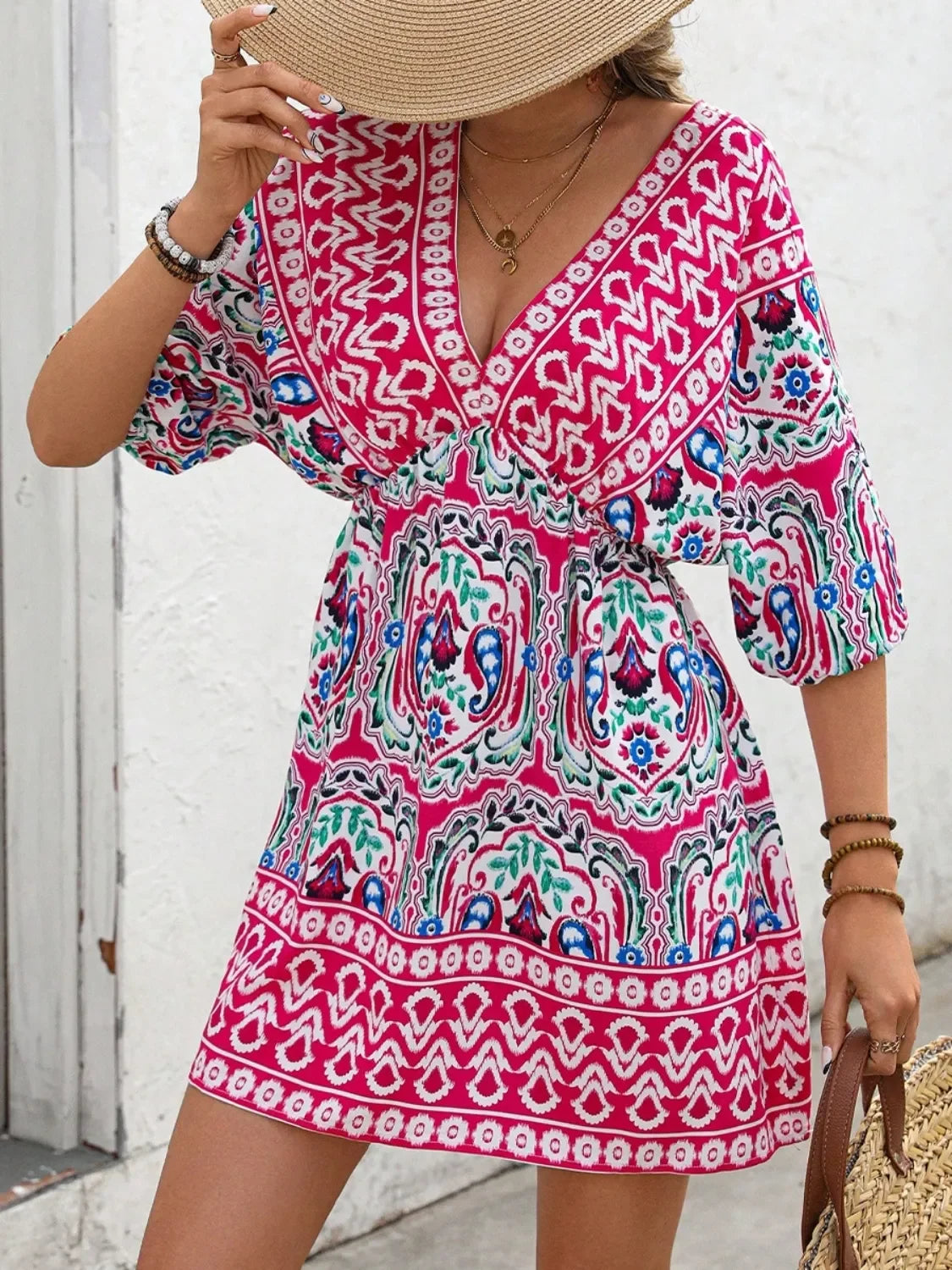 Printed Tie-Back Half-Sleeve Mini Dress Pattern V-Neck Boho - Southern Shores Clothing
