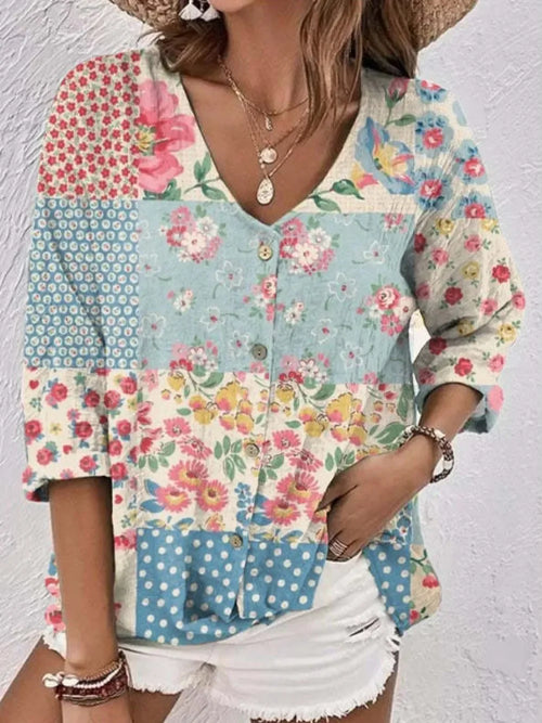 Printed V-Neck Buttoned Polyester Blouse, Casual Style - Southern Shores Clothing