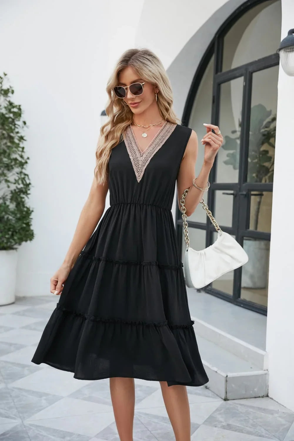 Contrast V-Neck Sleeveless Tiered Dress - Southern Shores Clothing