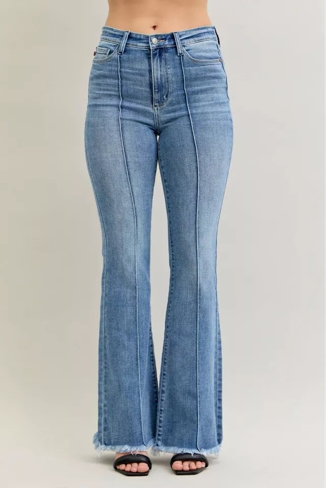 Coastal Judy Blue High Waist Flare Fray Hem Pintuck Jeans