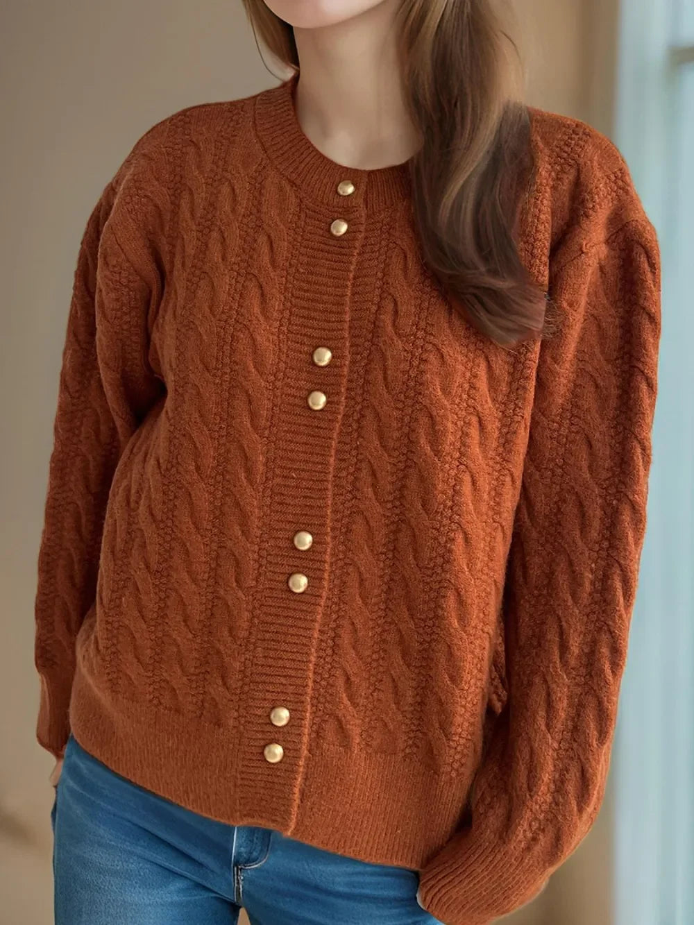Cable-Knit Round-Neck Long Sleeve Cardigan Buttoned - Southern Shores Clothing