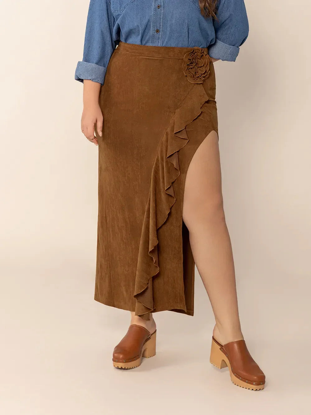 Plus Size Ruffled Slit High Rise Skirt Silhouette - Southern Shores Clothing