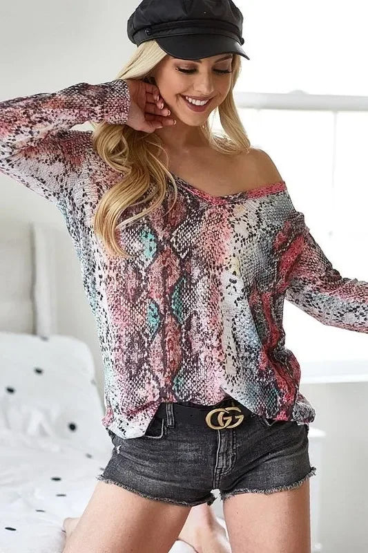 Snakeskin Print Low Gauge Hacci V Neck T Shirt - Southern Shores Clothing