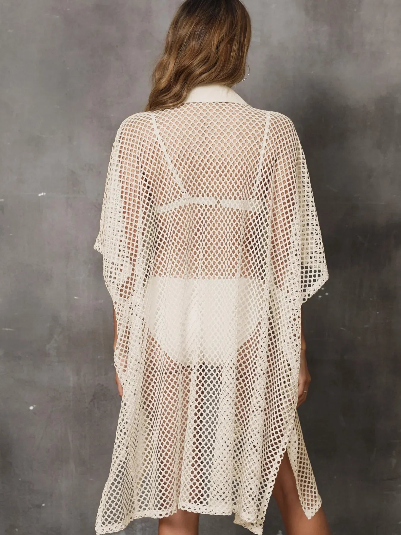 Sheer Mesh Button Up Swim Cover Up One Size