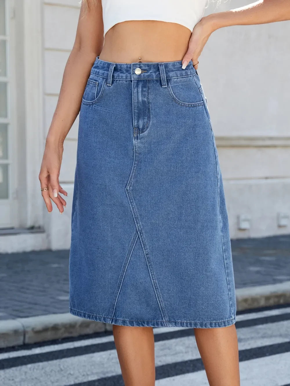 Relaxed Fit Denim Midi Skirt With Slit Back - Southern Shores Clothing