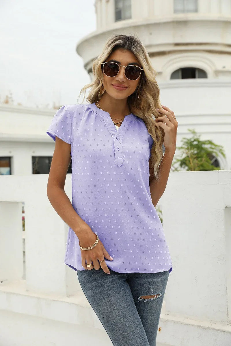 Swiss Dot Notched Neck Short Sleeve Top Casual Wear - Southern Shores Clothing