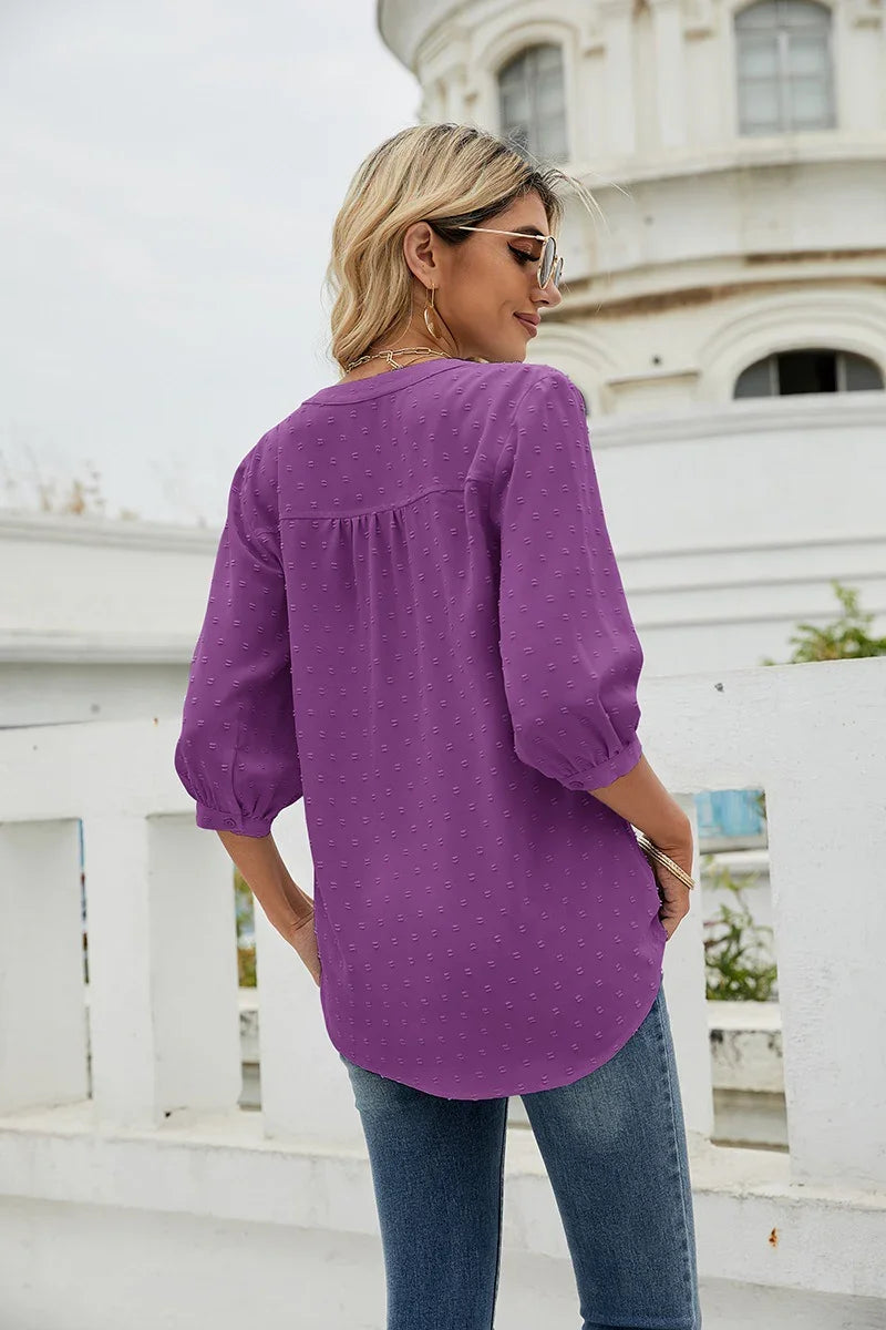 Swiss Dot Notched Neck Three-Quarter Sleeve Blouse - Southern Shores Clothing