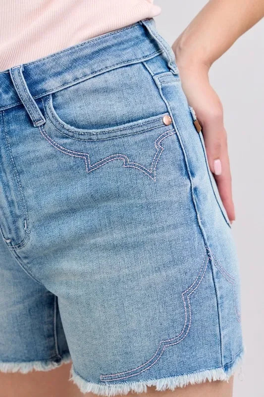 Plus Size High Waist Western Embroidered Cutoff Denim Shorts - Southern Shores Clothing