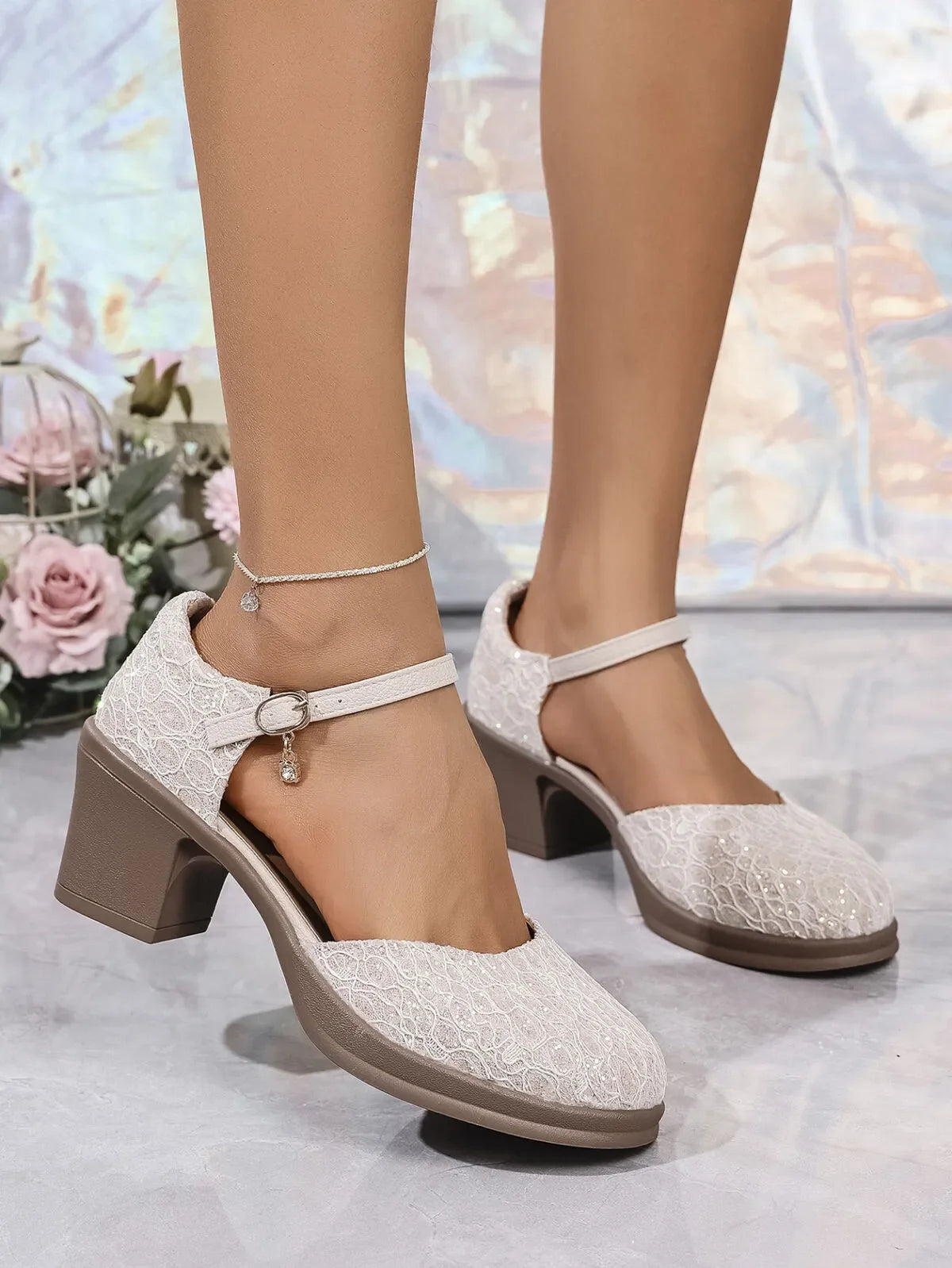 Round Toe Block Heels Pumps With Sequins Linen Mesh - Southern Shores Clothing