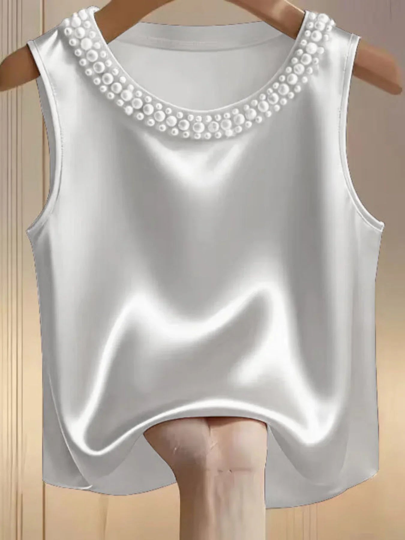 Elegant Satin Tank Top With Pearl Embellished Collar Detailing - Southern Shores Clothing