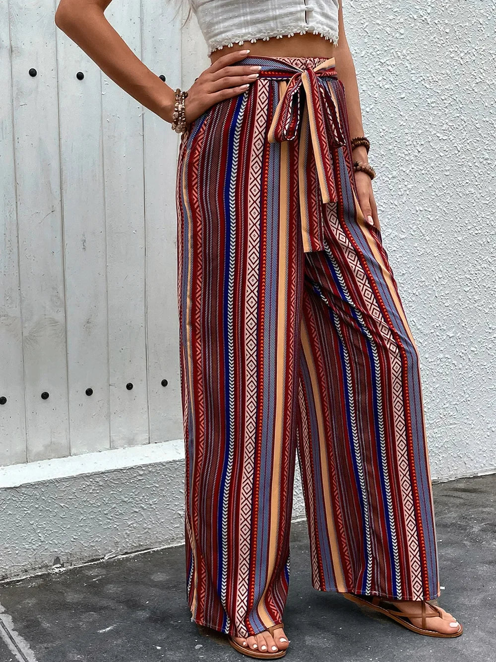 Geometric Print Tie-Waist Wide-Leg Pants With Pockets, Casual - Southern Shores Clothing