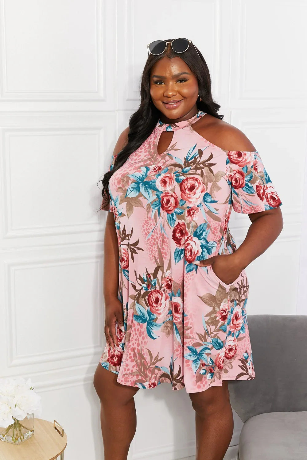 Tropical Print Cold Shoulder Dress Keyhole - Southern Shores Clothing