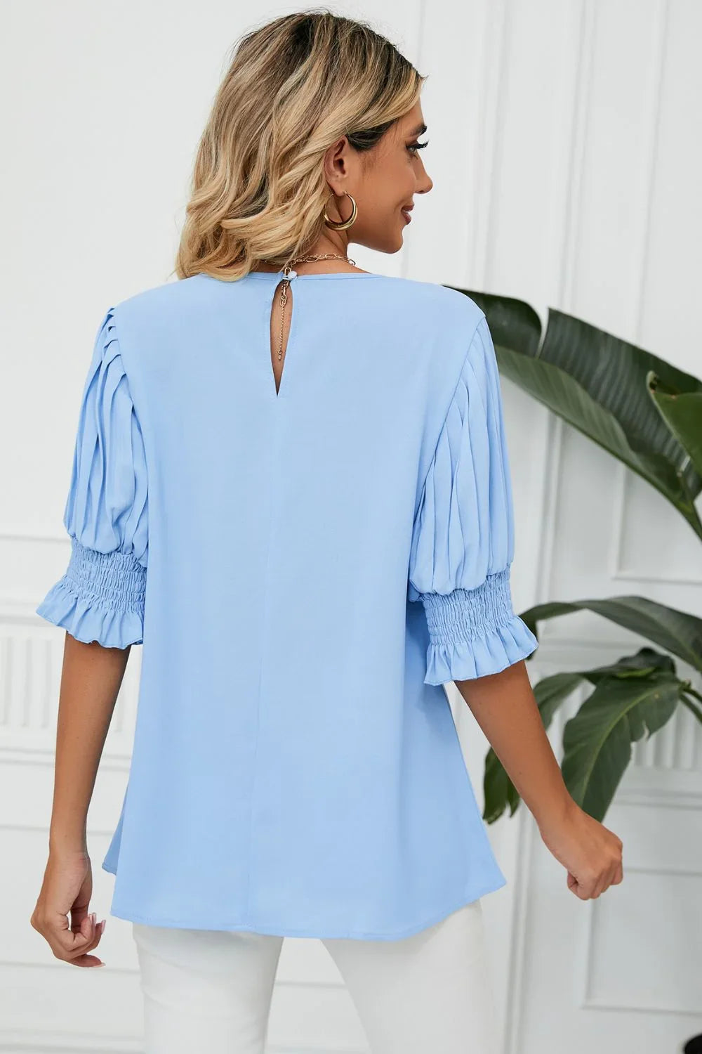 Pleated Flounce Sleeve Keyhole Blouse Polyester - Southern Shores Clothing