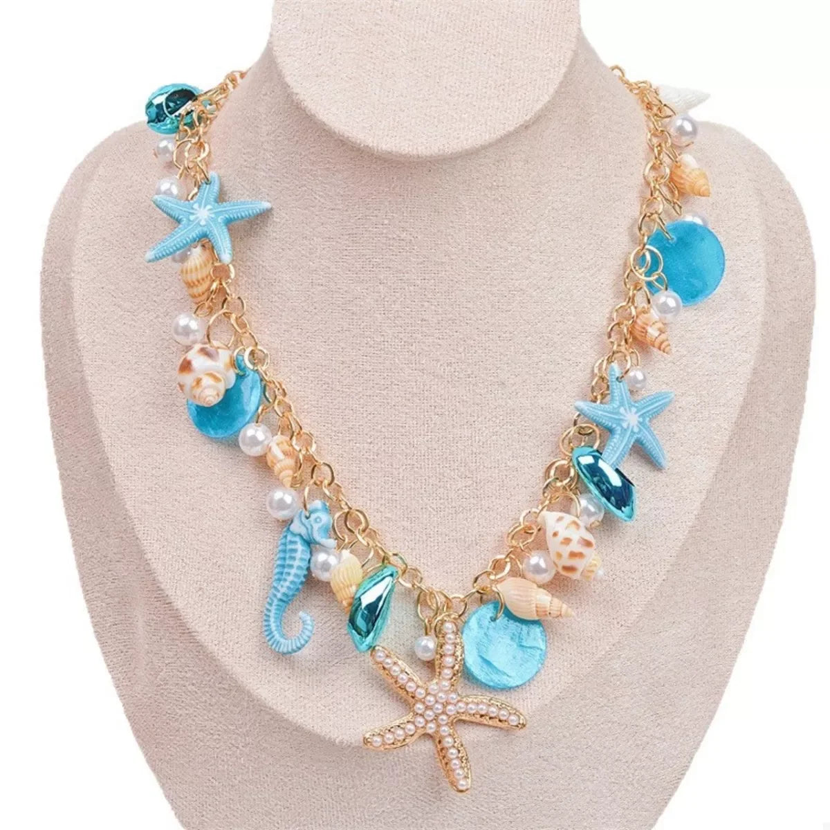 Shell Starfish Ocean Charm Necklace With Adjustable Chain