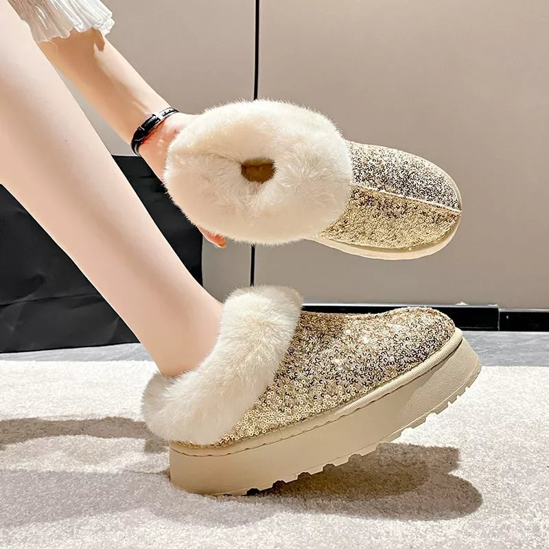 Sequined Round Toe Platform Boots With Faux Fur Trim - Southern Shores Clothing