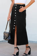 Button Fly Denim Midi Skirt With Side Split - Southern Shores Clothing