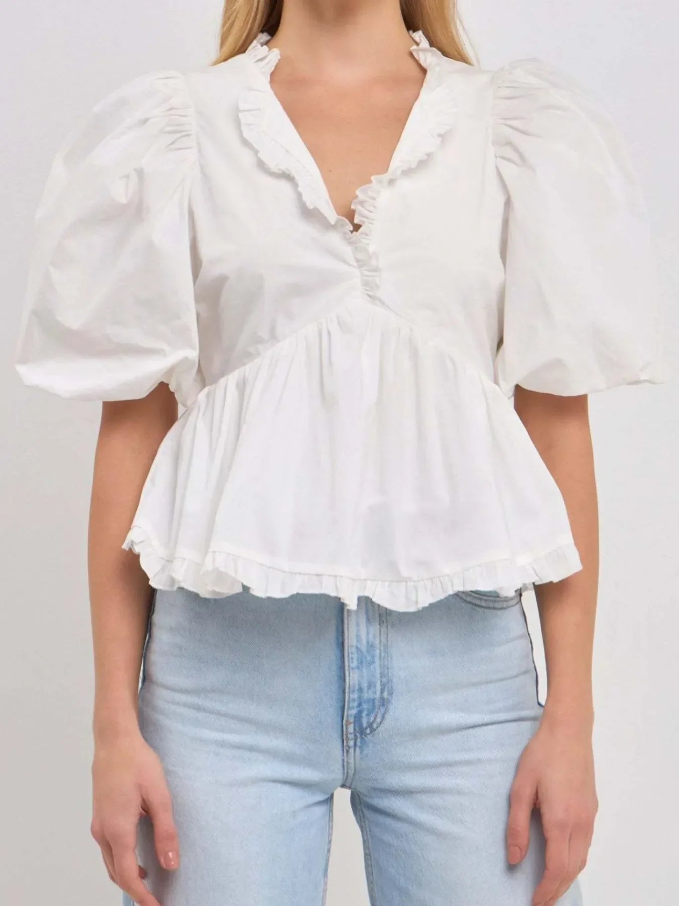 Stylish Southern Shores Clothing Puff Sleeve Peplum Blouse With Ruffles In 100% Polyester Fabric - Southern Shores Clothing
