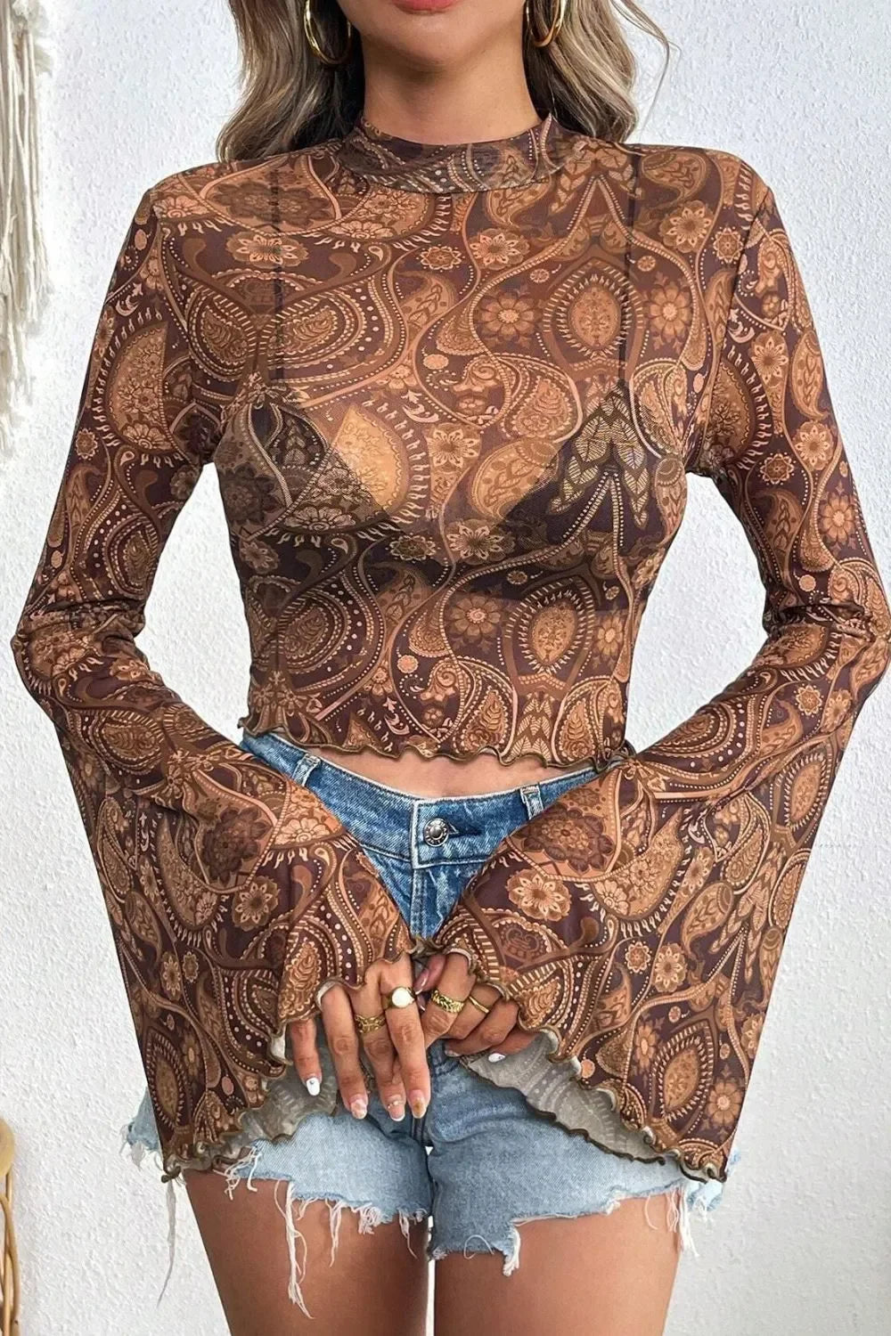 Boho Allover Paisley Print Sheer Mock Neck Flare Sleeve Top - Southern Shores Clothing