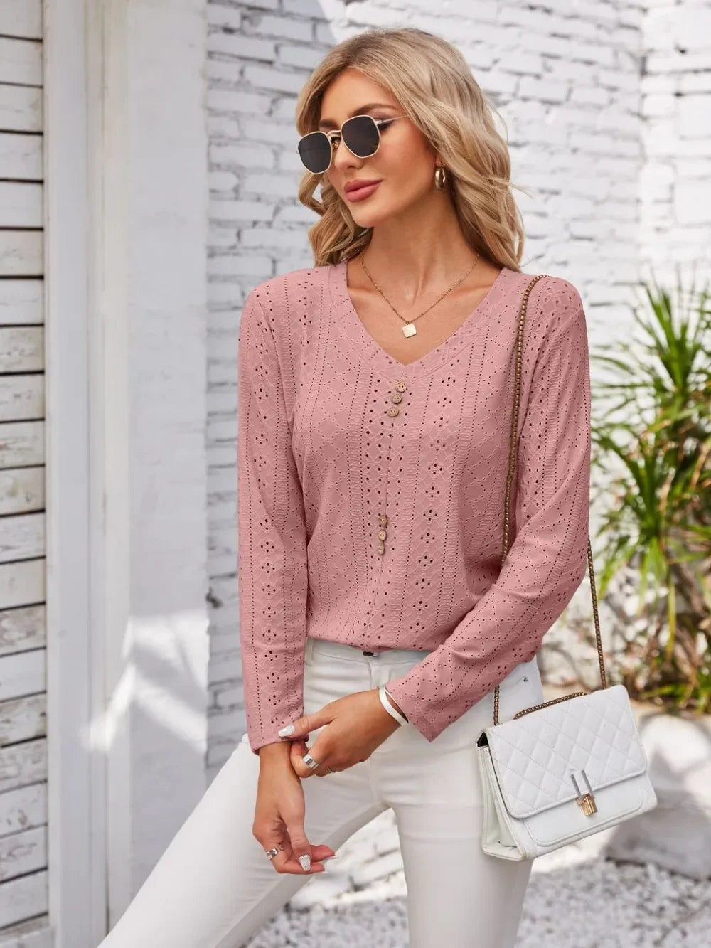 V Neck Openwork T Shirt With Decorative Buttons - Southern Shores Clothing