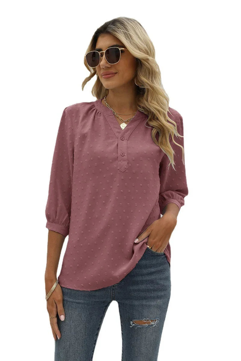 Swiss Dot Notched Neck Three-Quarter Sleeve Blouse - Southern Shores Clothing