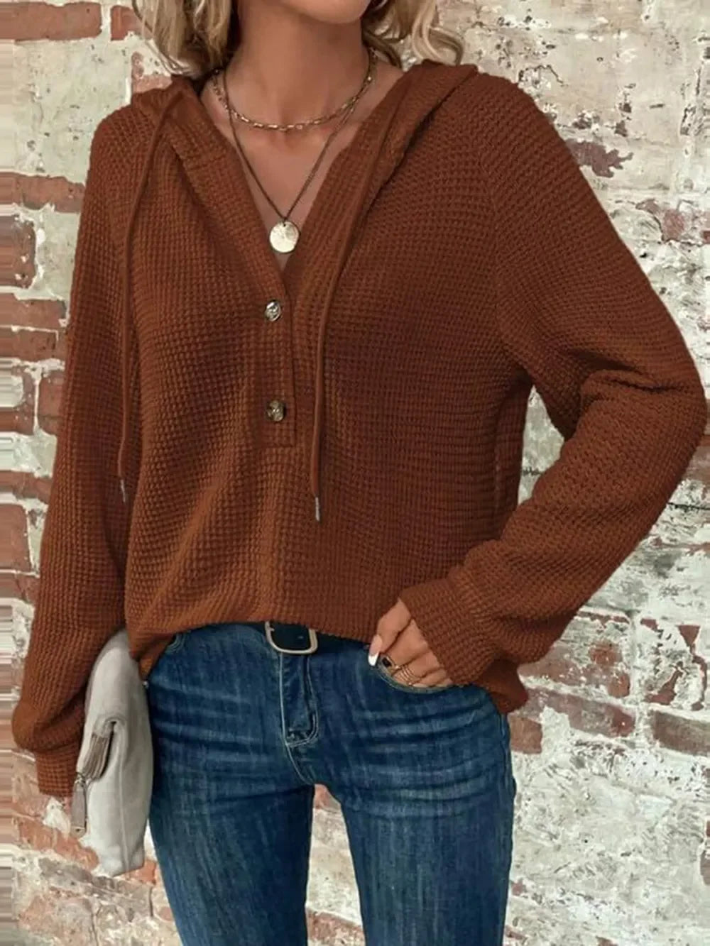 Waffle Knit Long Sleeve Drawstring Hooded Top - Southern Shores Clothing