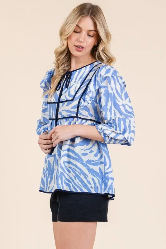 Graphic Print Quarter Sleeve Blouse With Solid Trim - Southern Shores Clothing