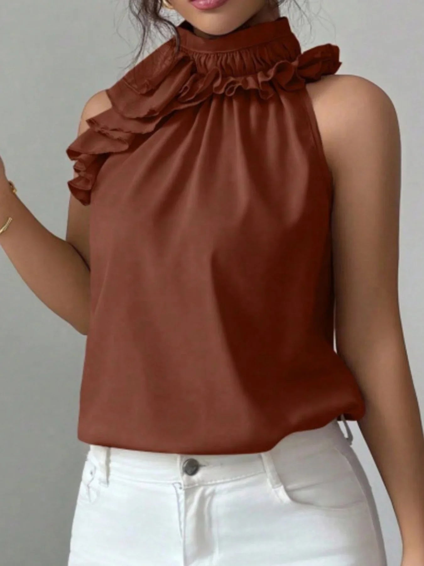 Ruffled High Neck Sleeveless Top With Draped Silhouette Detail - Southern Shores Clothing
