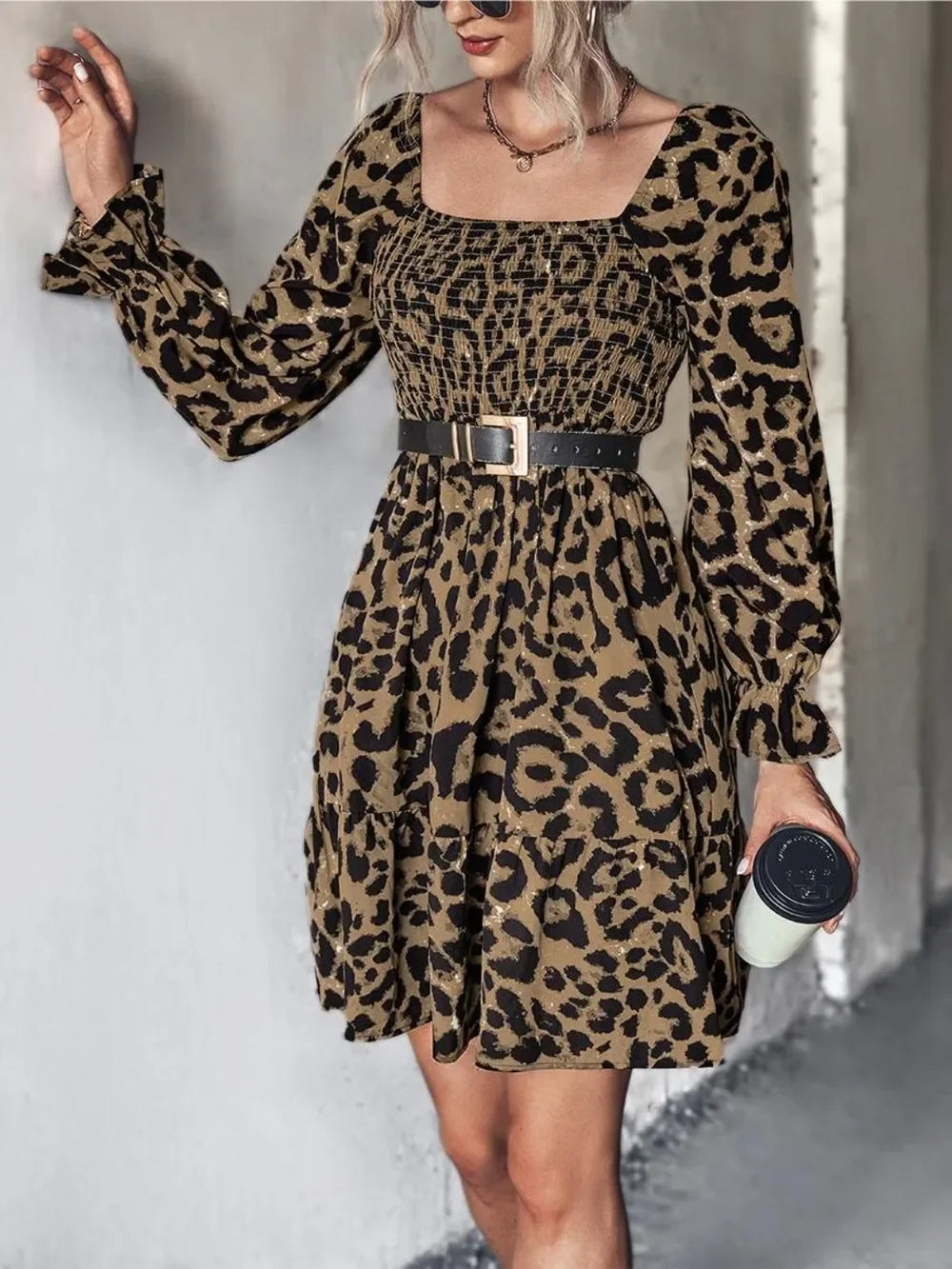 Leopard Smocked Flounce Sleeve Mini Dress - Southern Shores Clothing