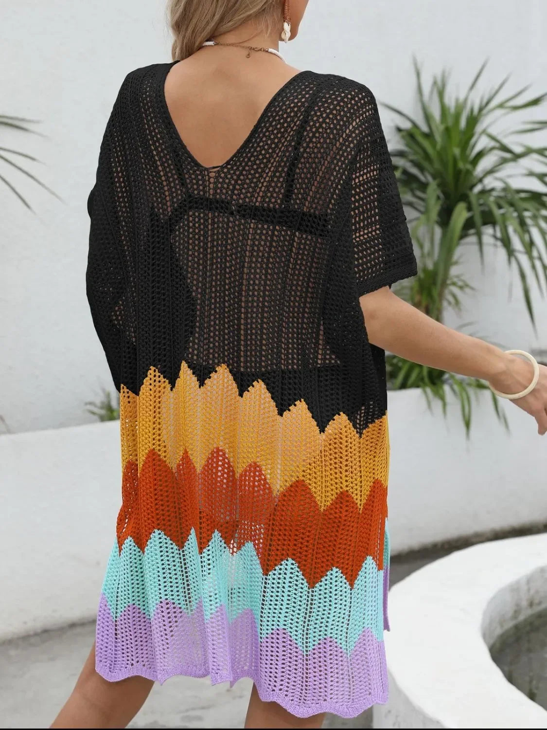 Openwork V-Neck Half Sleeve Cover-Up One Size - Southern Shores Clothing