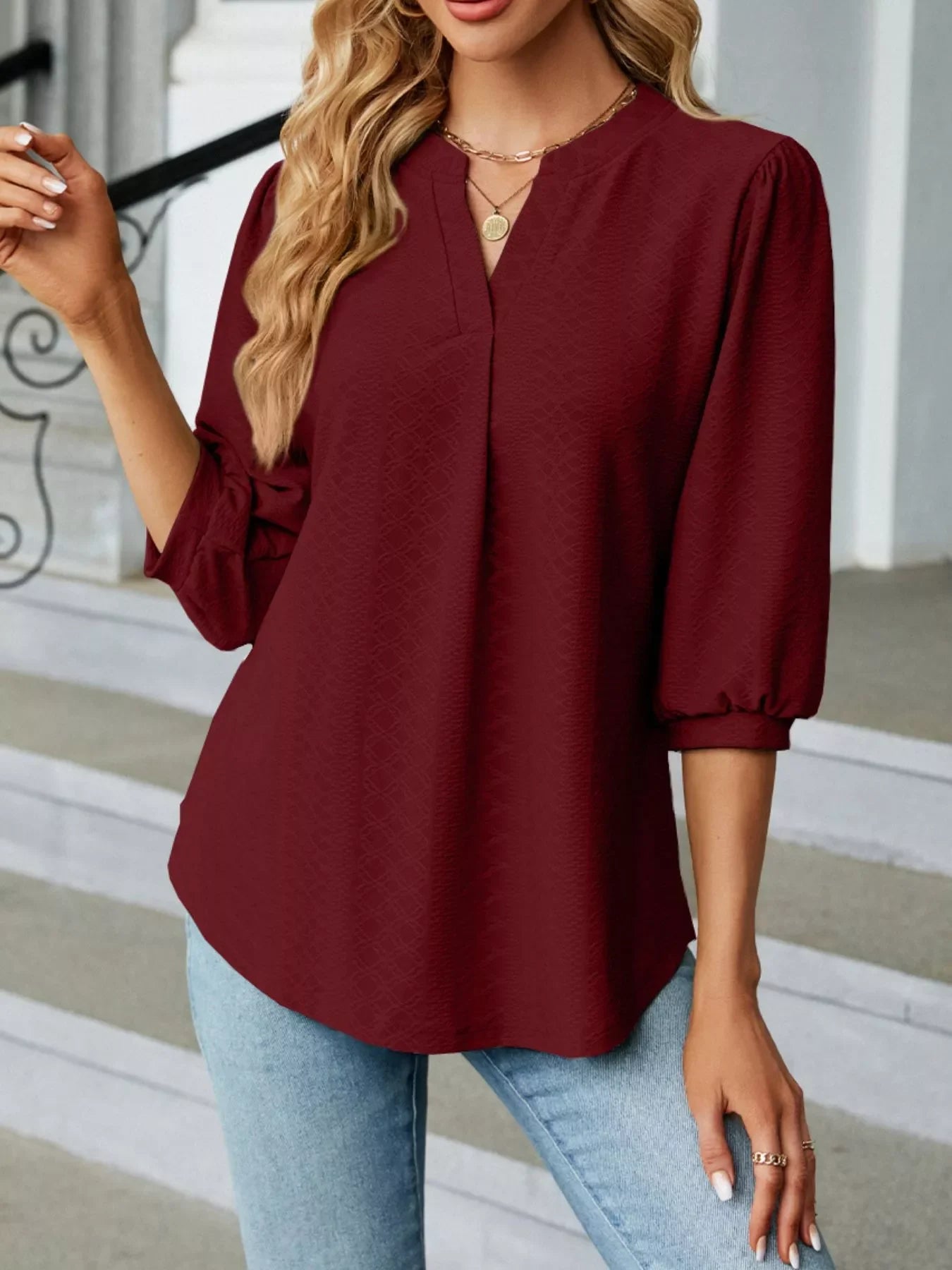 Notched 3/4 Sleeve Casual Top - Southern Shores Clothing