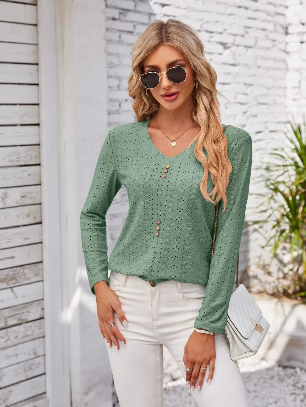 V Neck Openwork T Shirt With Decorative Buttons - Southern Shores Clothing