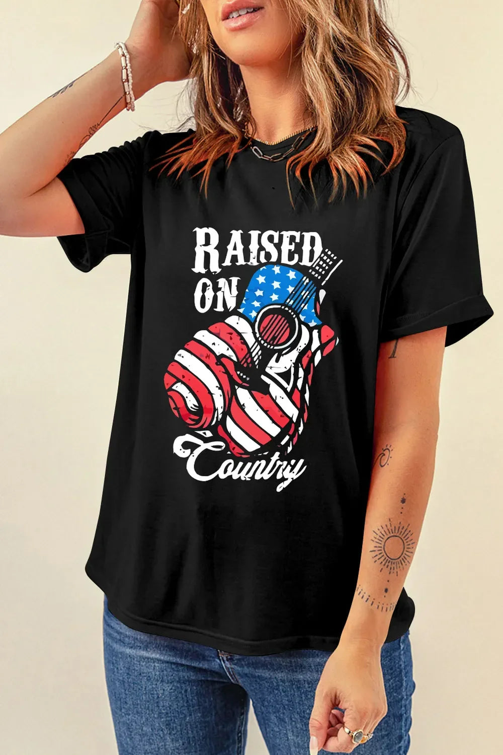 Raised On Country Graphic Round Neck Tee Polyester Blend - Southern Shores Clothing