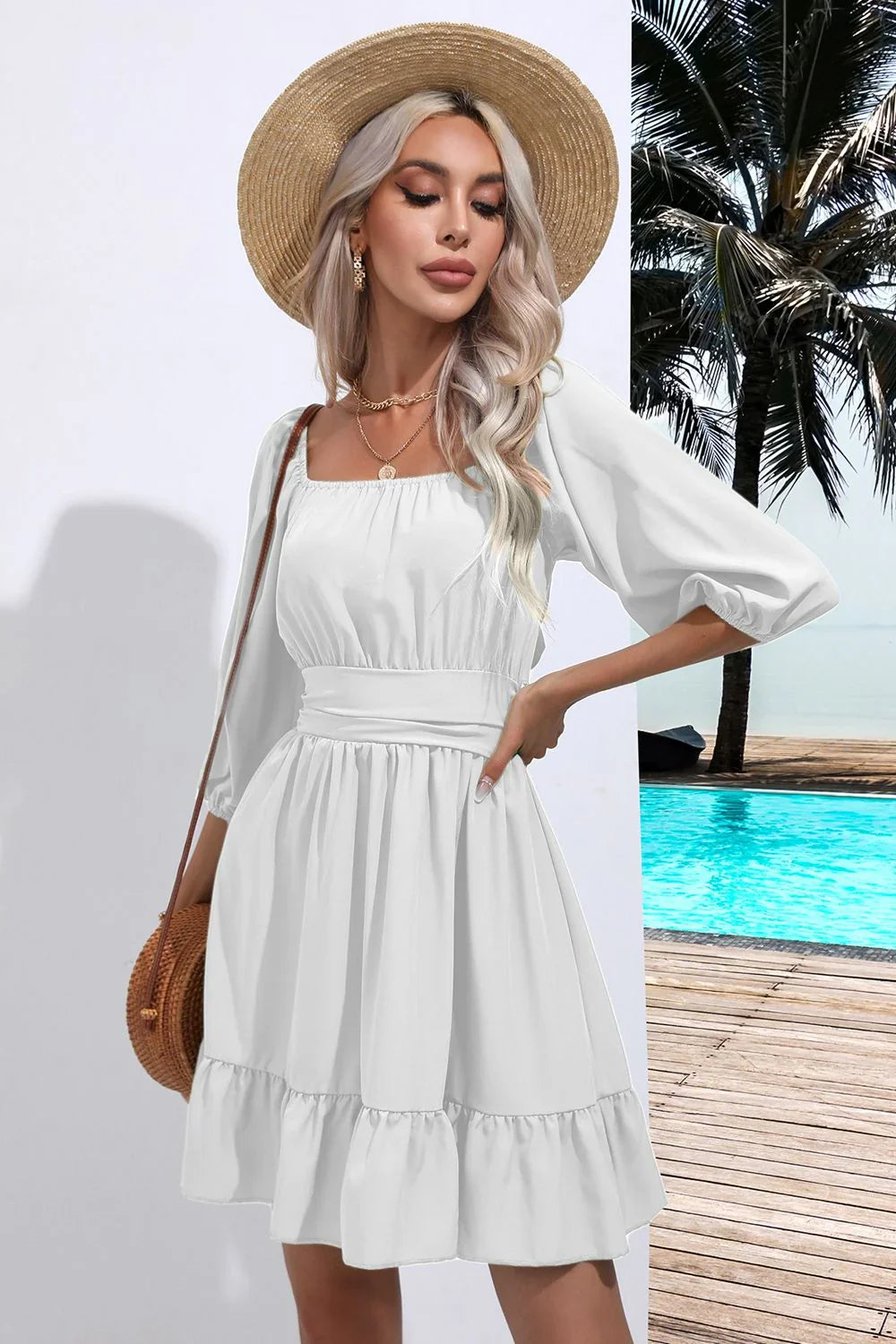 Square Neck Tie Back Ruffle Hem Dress Coastal Casual - Southern Shores Clothing