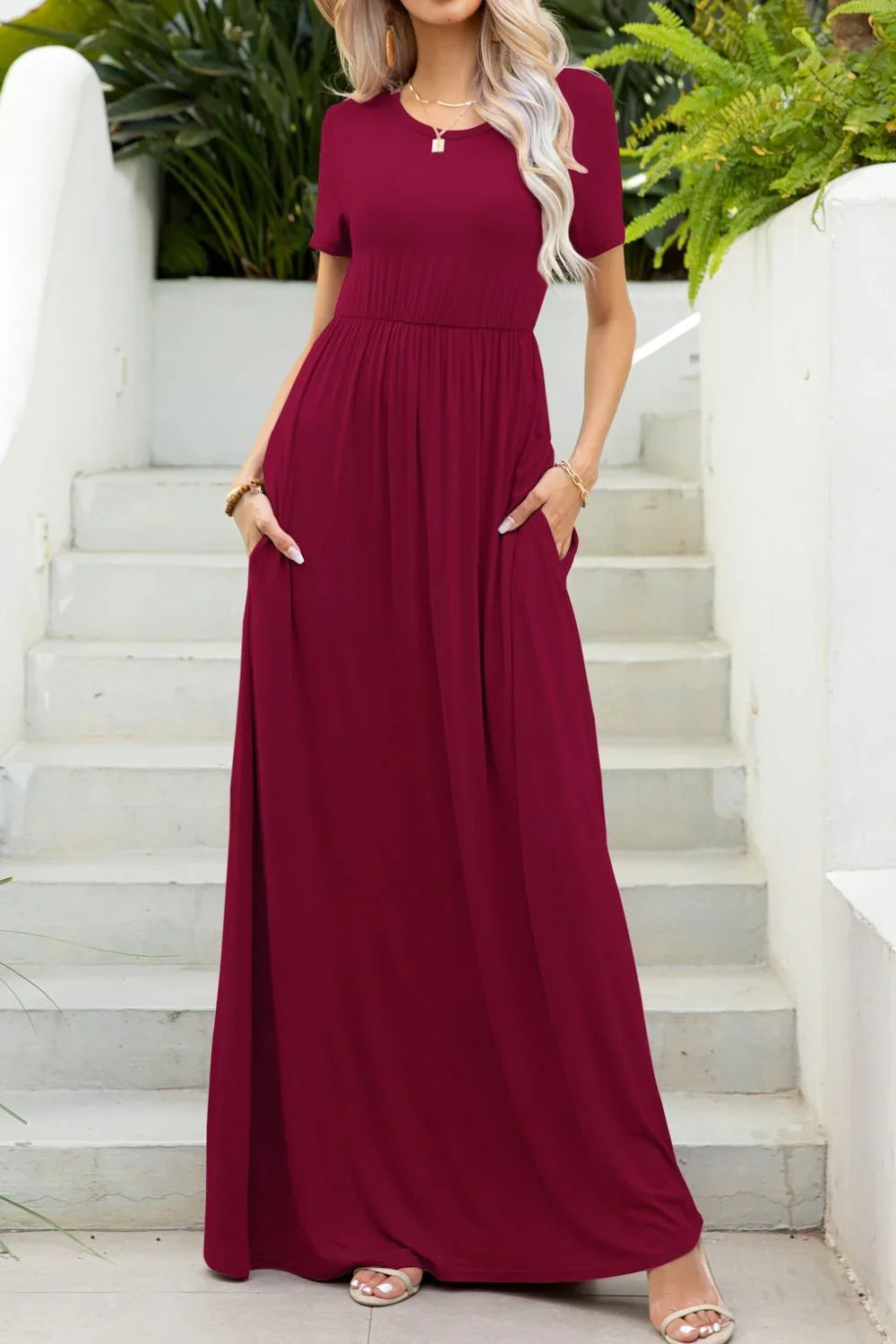 Round Neck Maxi Tee Dress with Pockets - Southern Shores Clothing
