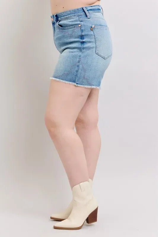 Plus Size High Waist Western Embroidered Cutoff Denim Shorts - Southern Shores Clothing