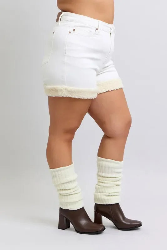 High Waist Shearling Cuff Denim Shorts Plus Size - Southern Shores Clothing
