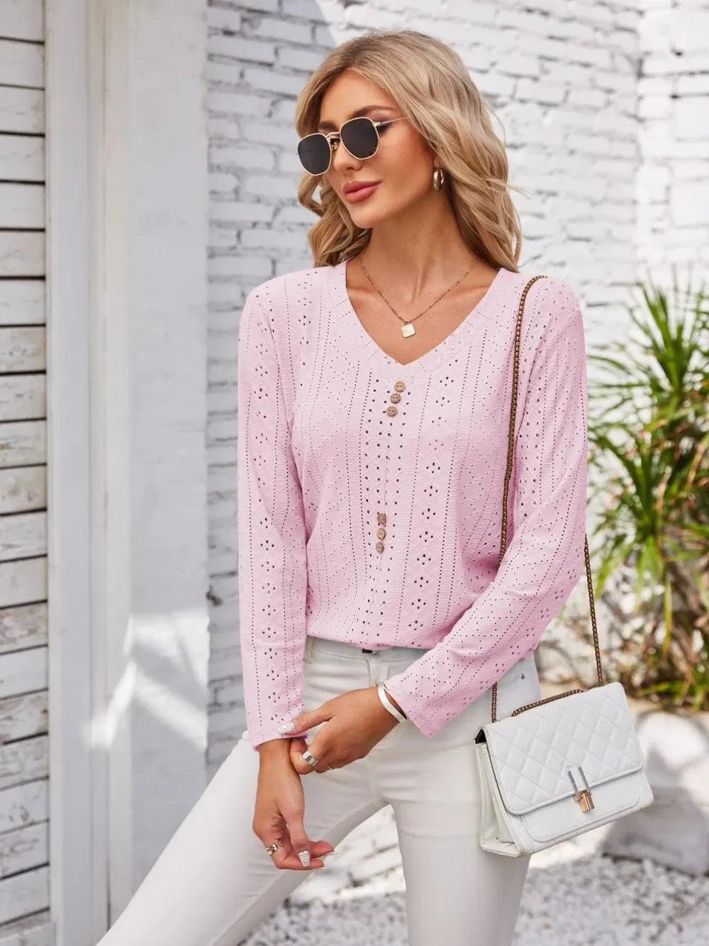 V Neck Openwork T Shirt With Decorative Buttons - Southern Shores Clothing