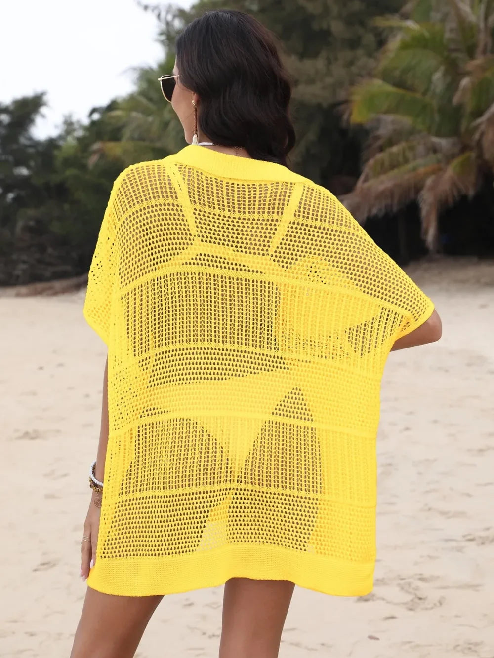 One Size Sheer Hollow Out Collared Neck Cover Up - Southern Shores Clothing