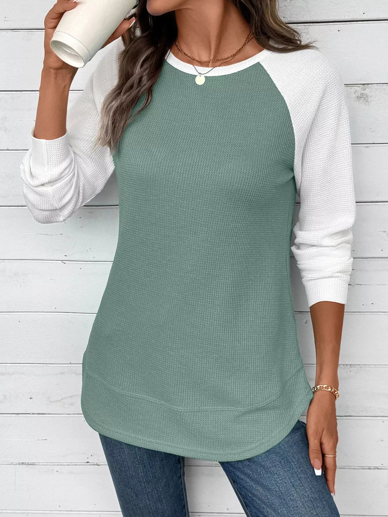 Contrast Raglan Sleeves Waffle Knit T Shirt - Southern Shores Clothing