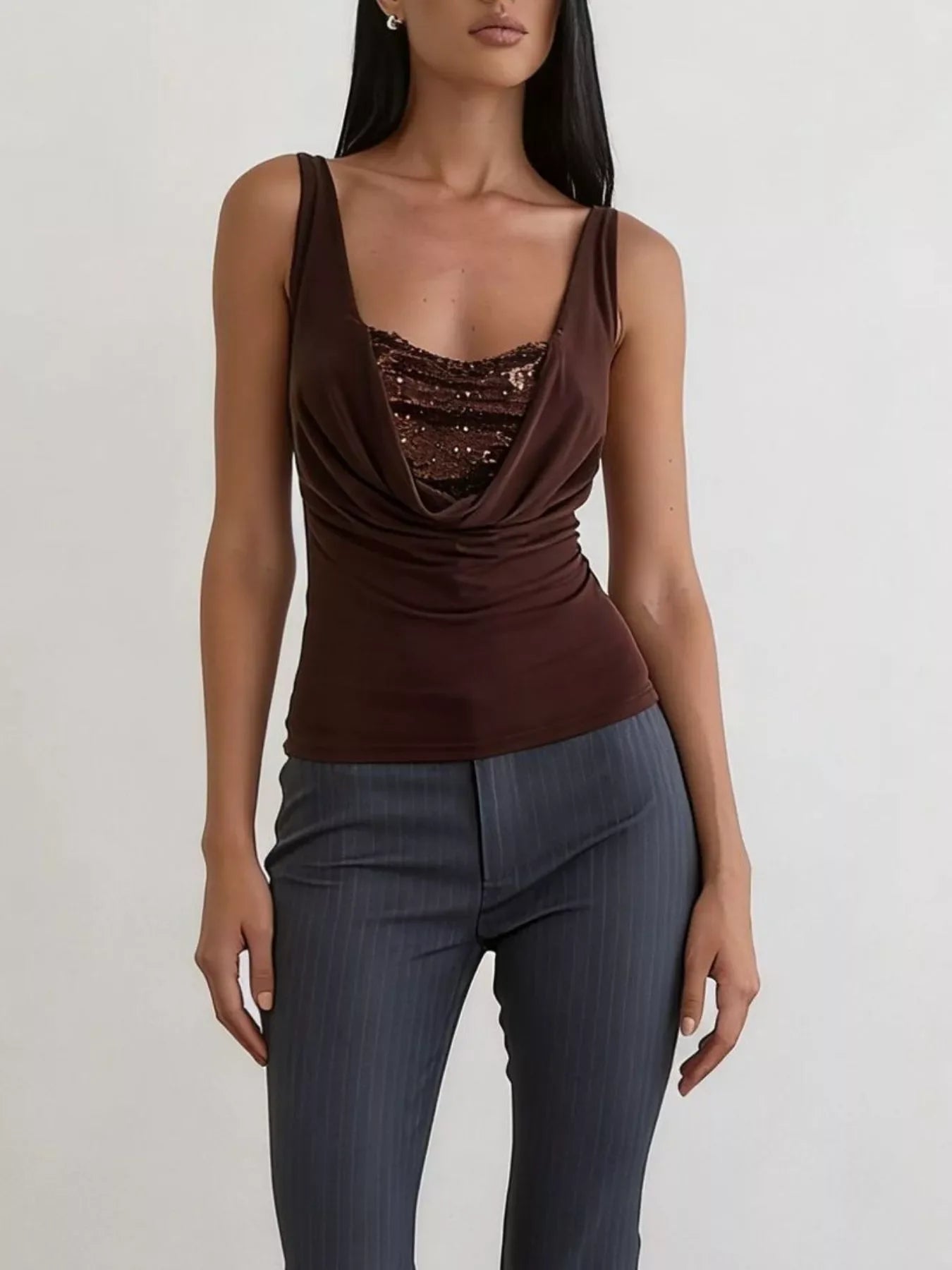 Sequin Detail Ruched Tank Top With Draped Front Stretchy Knit - Southern Shores Clothing