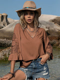 Southern Shores Clothing Elegant Openwork V-Neck Flounce Sleeve 100% Viscose Blouse For Everyday Wear - Southern Shores Clothing