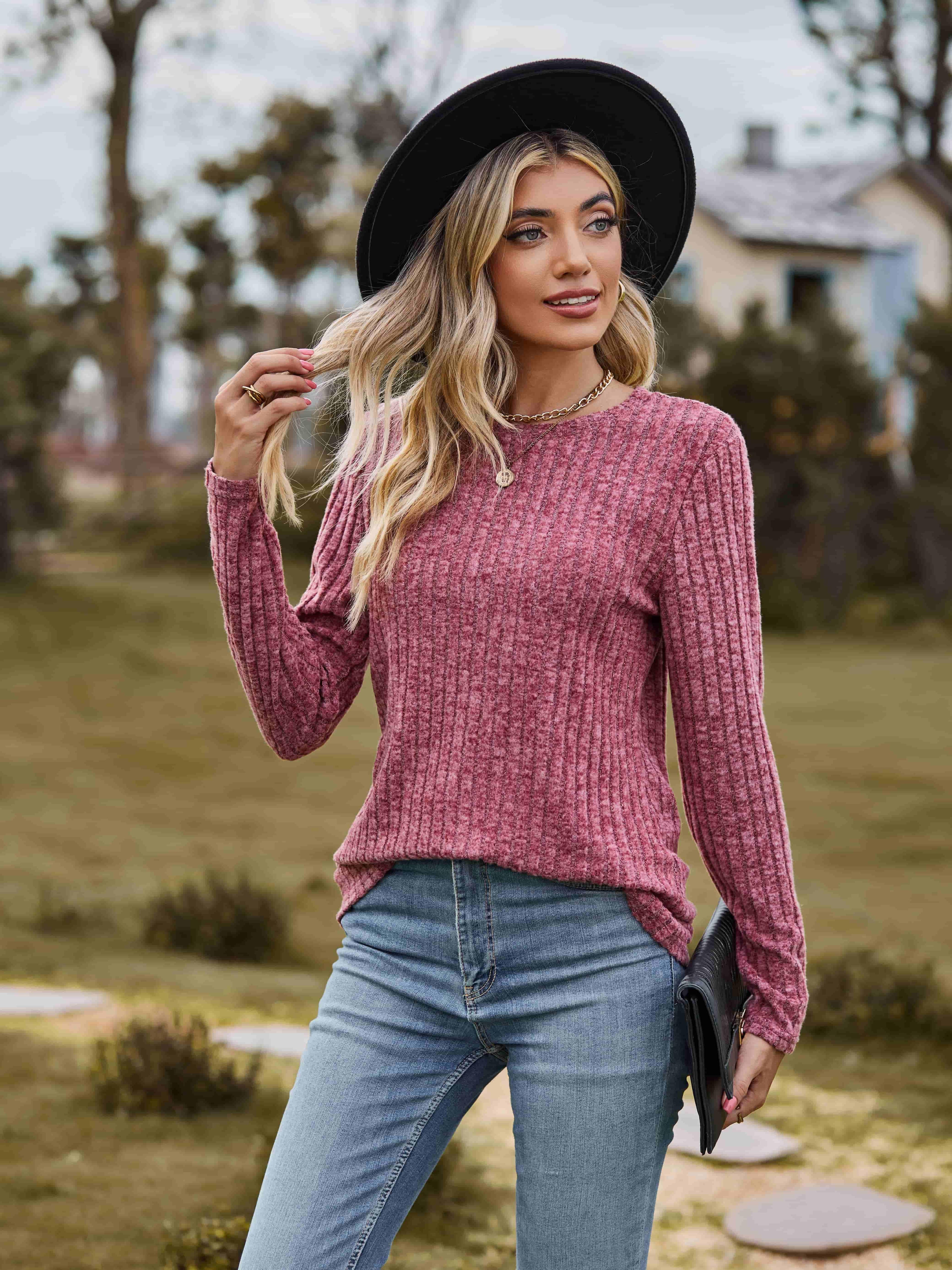 Ribbed Round Neck Long Sleeve Tee For Everyday Wear - Southern Shores Clothing