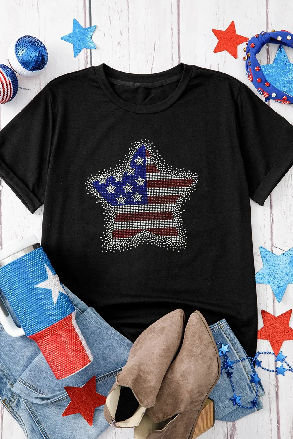 Rhinestone Round Neck Short Sleeve T Shirt With Stretch - Southern Shores Clothing