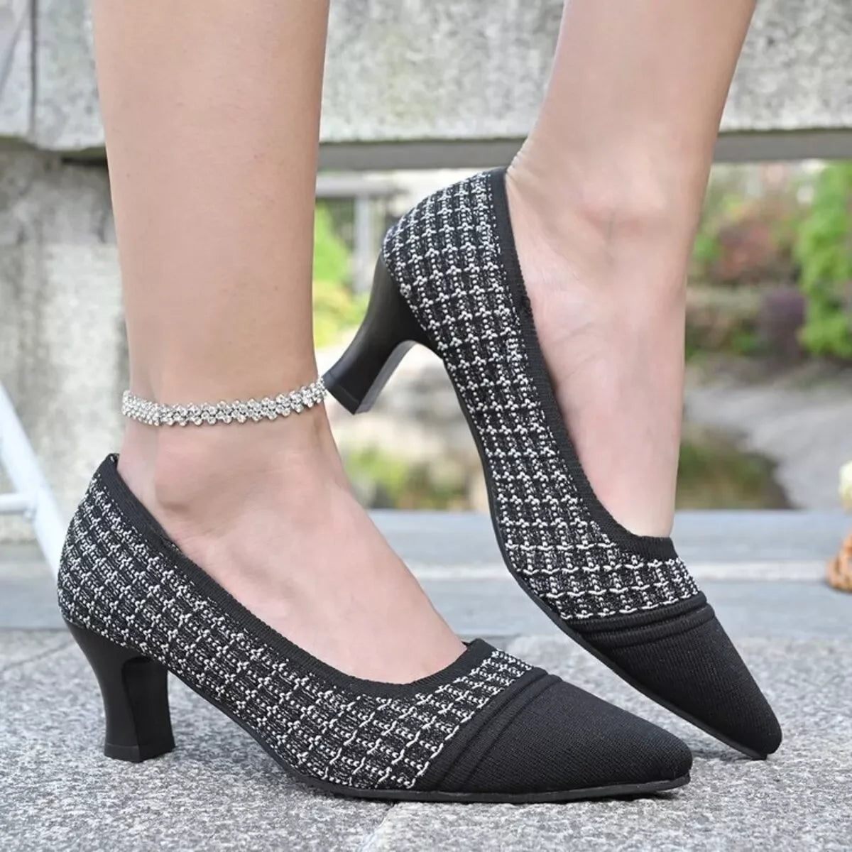 Point Toe Block Heel Pumps With Mesh Leather And Rubber - Southern Shores Clothing