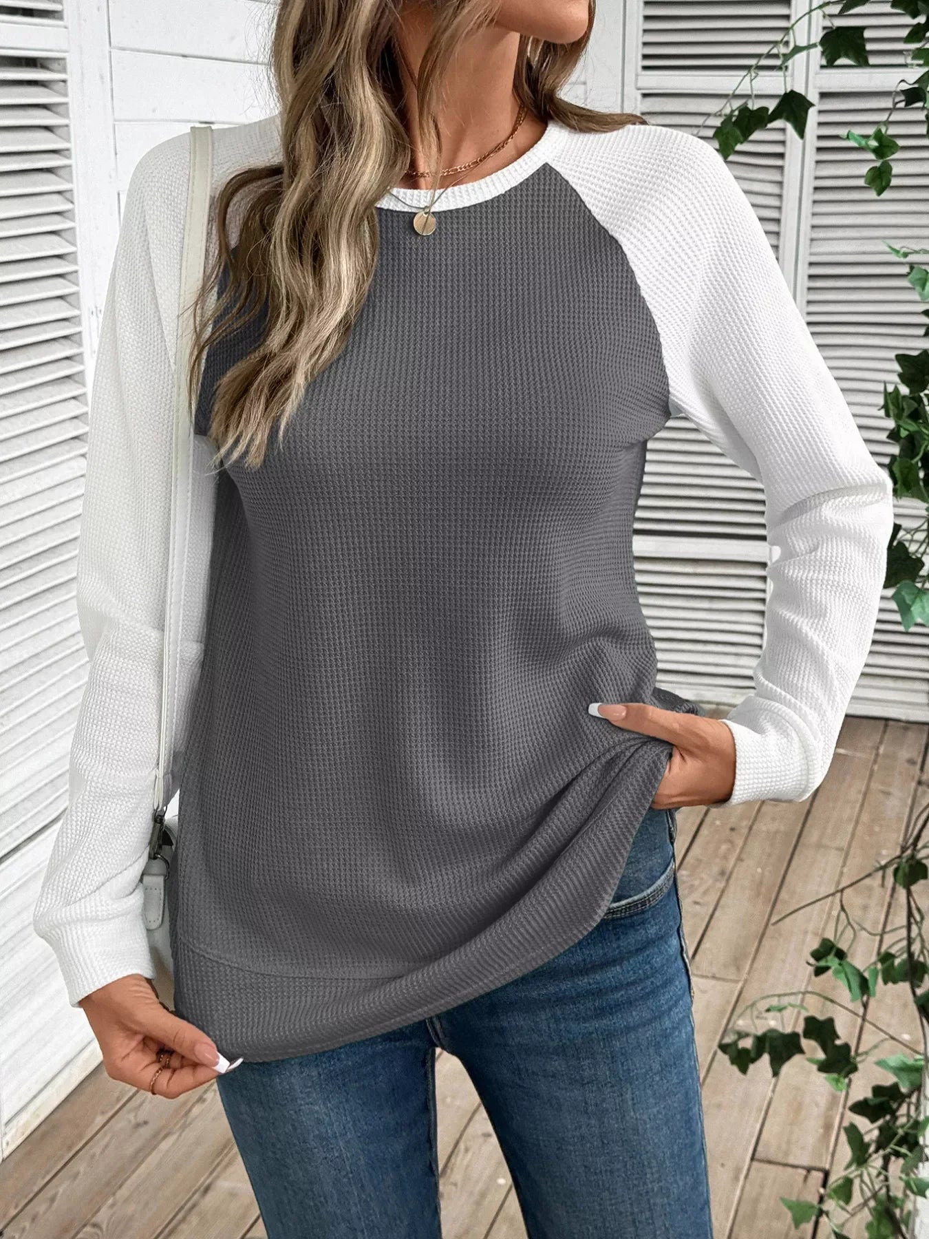 Contrast Raglan Sleeves Waffle Knit T Shirt - Southern Shores Clothing