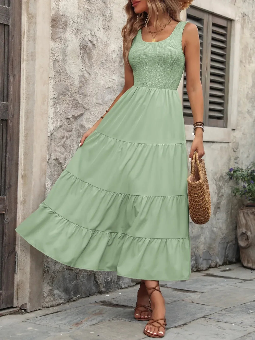 Smocked Scoop Neck Sleeveless Tank Dress - Southern Shores Clothing