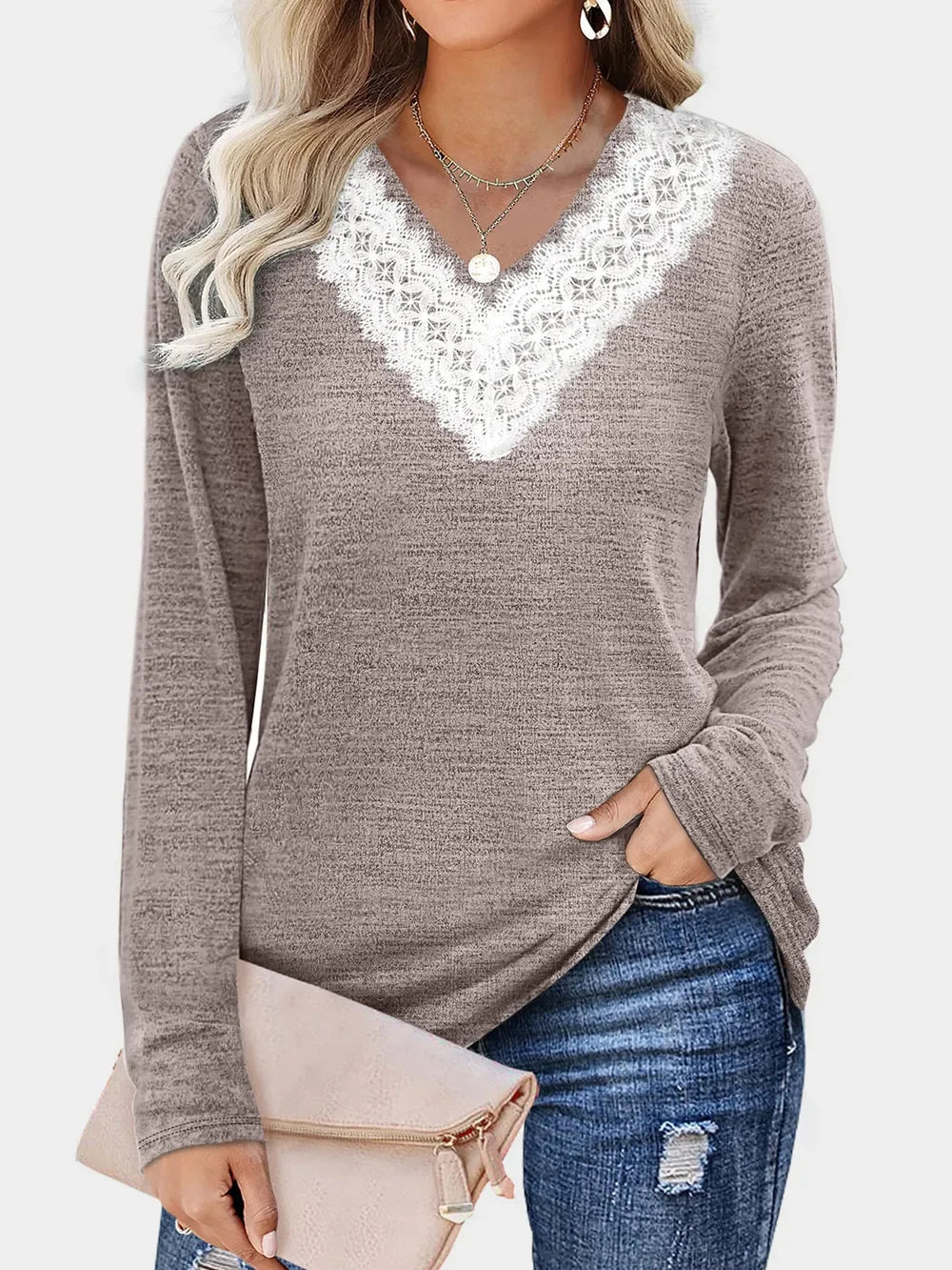 Lace Detail V-Neck Long Sleeve T-Shirt With Soft Stretch - Southern Shores Clothing