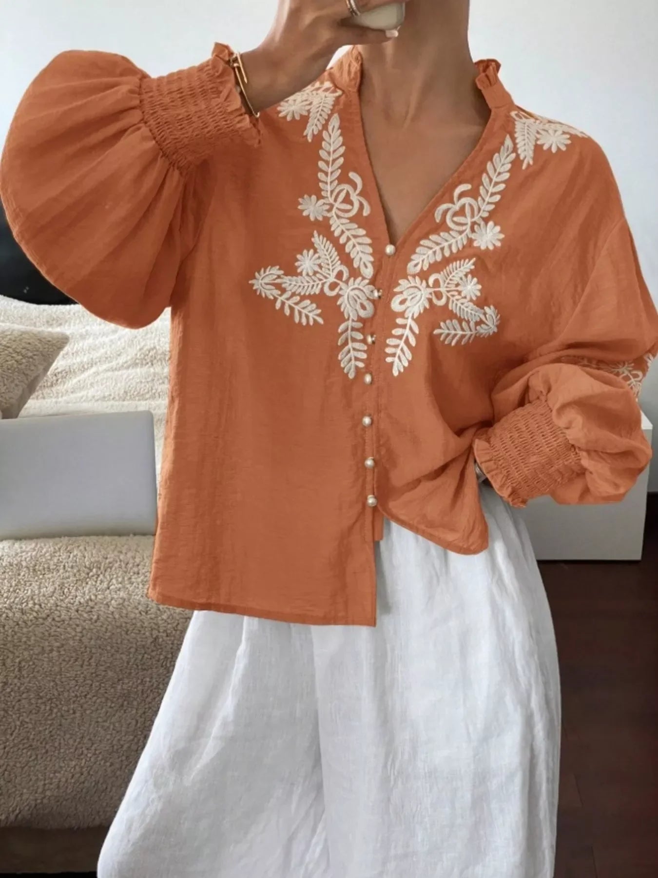 Southern Shores Elegant Embroidered Long Sleeve Buttoned Polyester Blouse With Je T'aime Design - Southern Shores Clothing