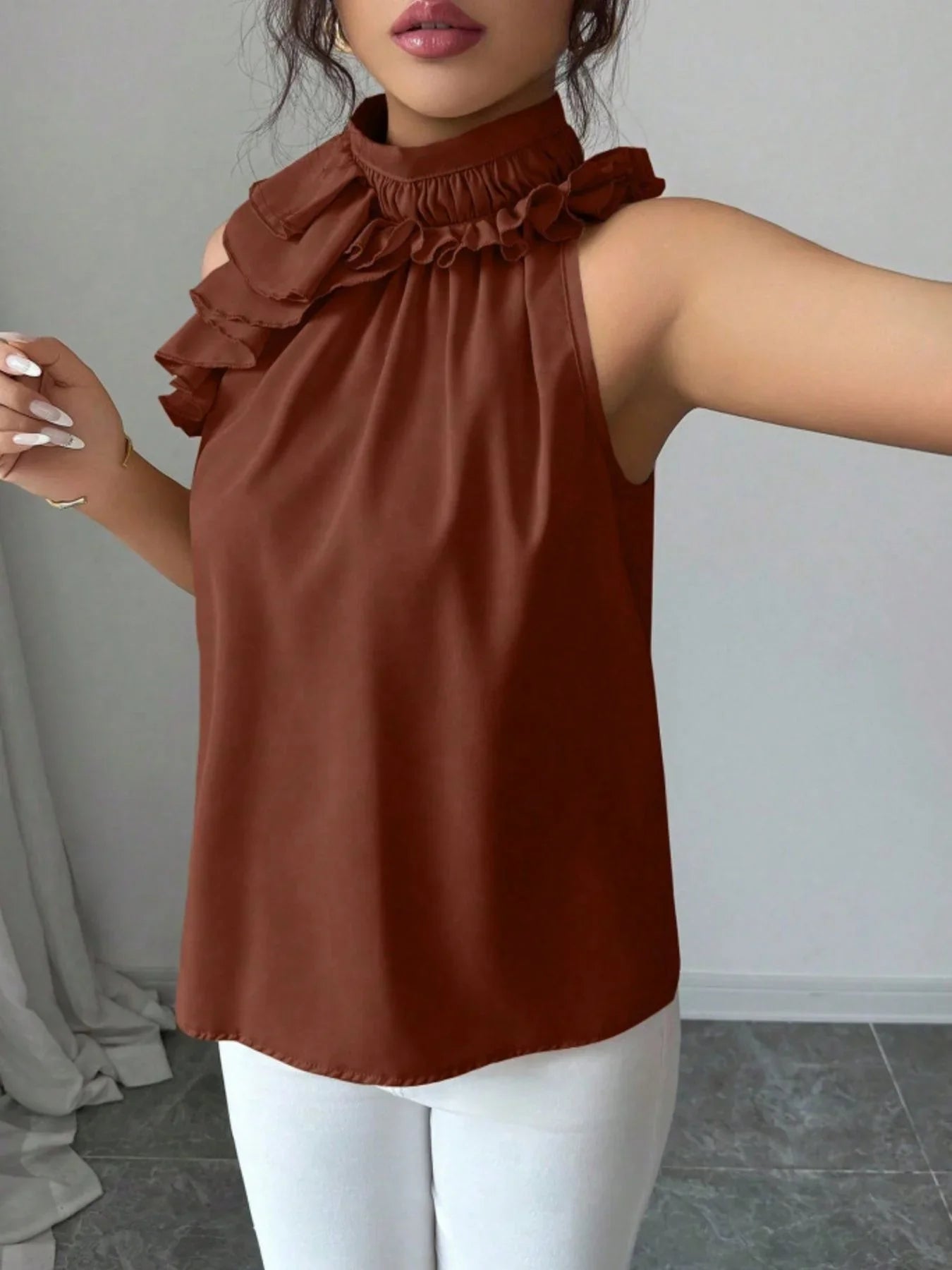 Ruffled High Neck Sleeveless Top With Draped Silhouette Detail - Southern Shores Clothing